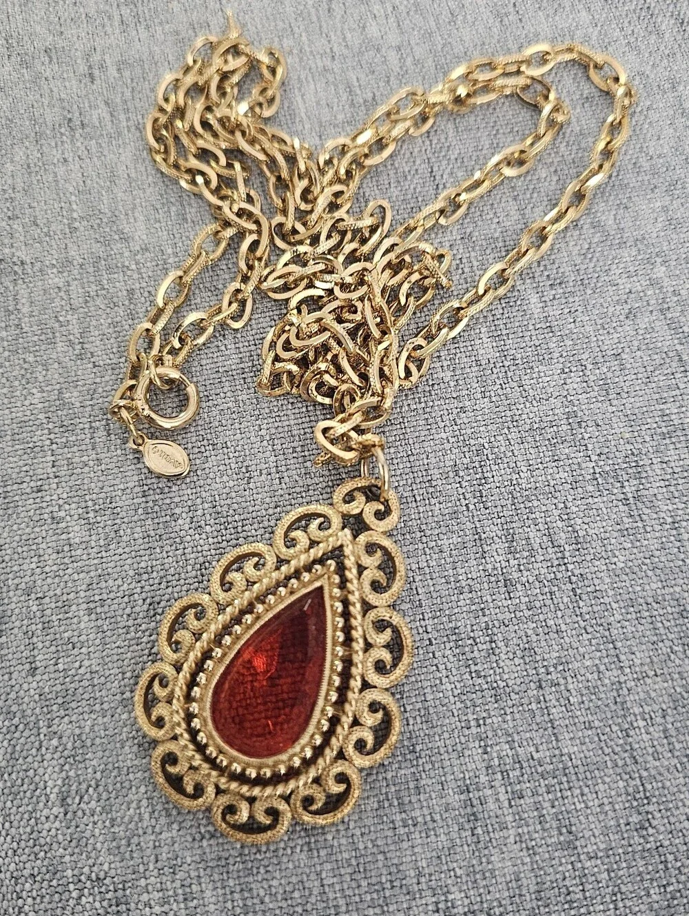 Vintage Avon Gold-Tone Necklace with Red Teardrop Pendant